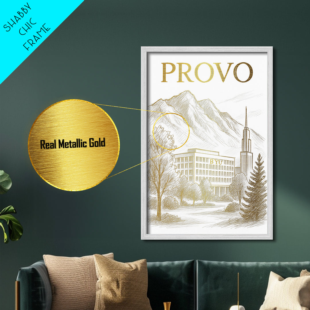 Provo Utah travel, Metallic Gold Print, Modern House Art, Metal Art, Wood Framed Art, Wanderlust Gift, Travel Art Prints