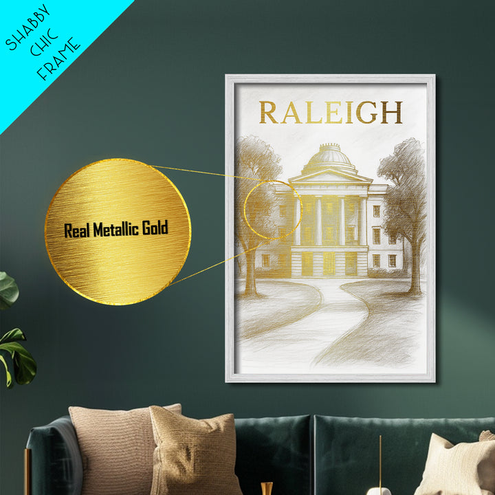 Raleigh North Carolina travel, Metallic Gold Print, Modern Skyline Wall Print, Metal Art, Wood Framed Art, Adventure Lover Gift, Travel Gift