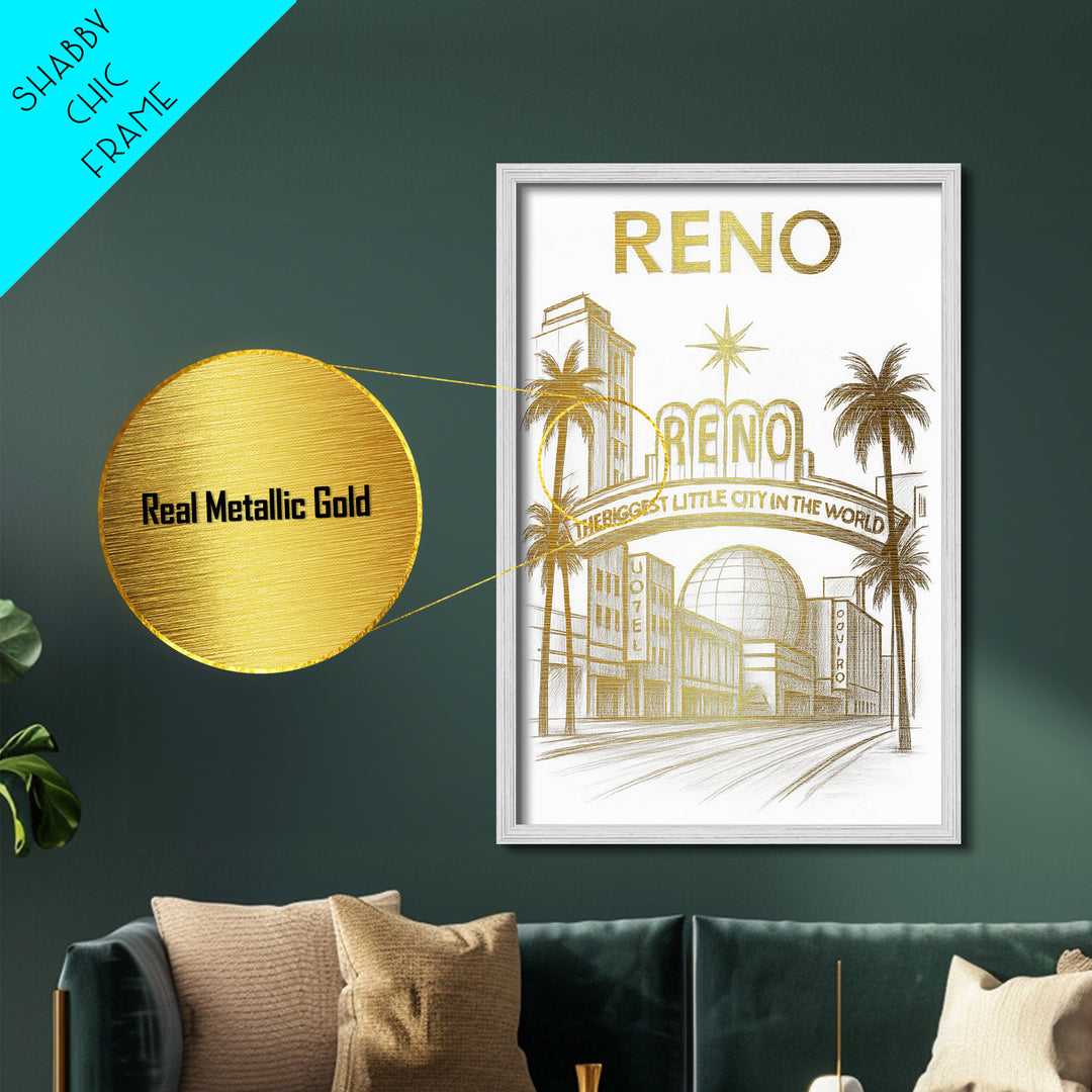 Reno Nevada travel, Metallic Gold Print, Modern House Art, Metal Art, Wood Framed Art, Wanderlust Gift, Travel Art Prints