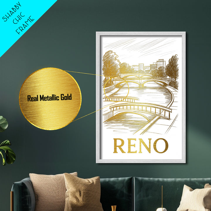 Reno Nevada art, Metallic Gold Art, Travel Art Prints, Metal Art, Wood Framed Art, Adventure Lover Gift, Traveler Gift