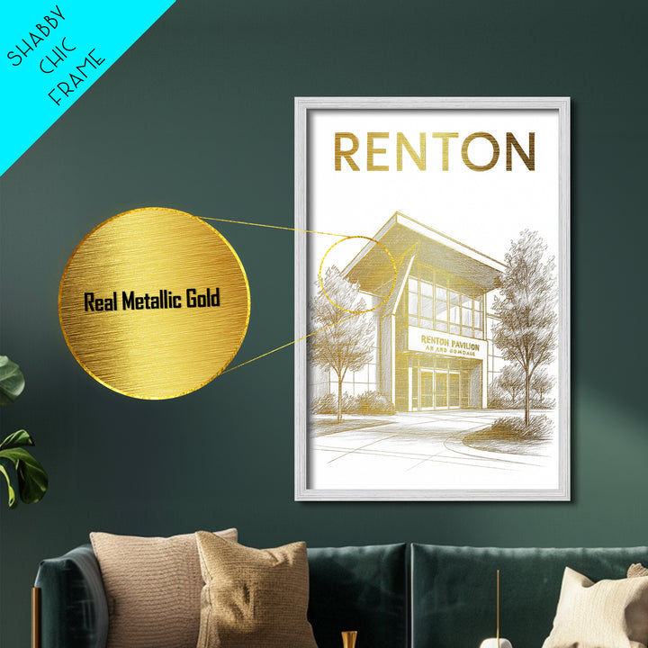 Renton Washington travel, Metallic Gold Print, Modern House Art, Metal Art, Wood Framed Art, Traveler Gift, Destination Gift
