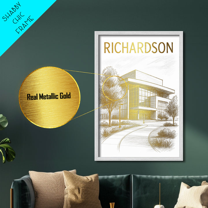 Richardson Texas travel, Metallic Gold Print, Modern Skyline Wall Print, Metal Art, Wood Framed Art, Adventure Lover Gift, Travel Gift