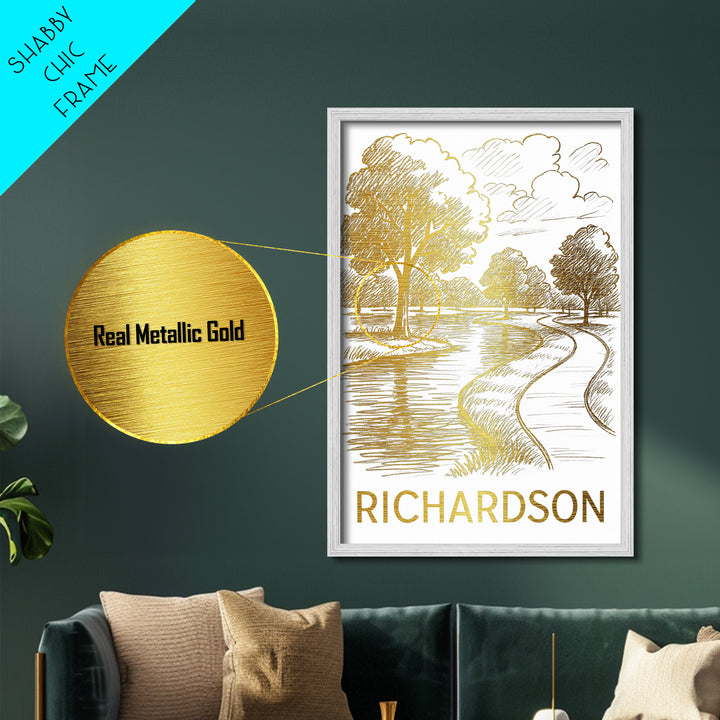 Richardson Texas art, Metallic Gold Art, Housewarming Gift, Metal Art, Wood Framed Art, Newlywed Travel Gift, Honeymoon Gift