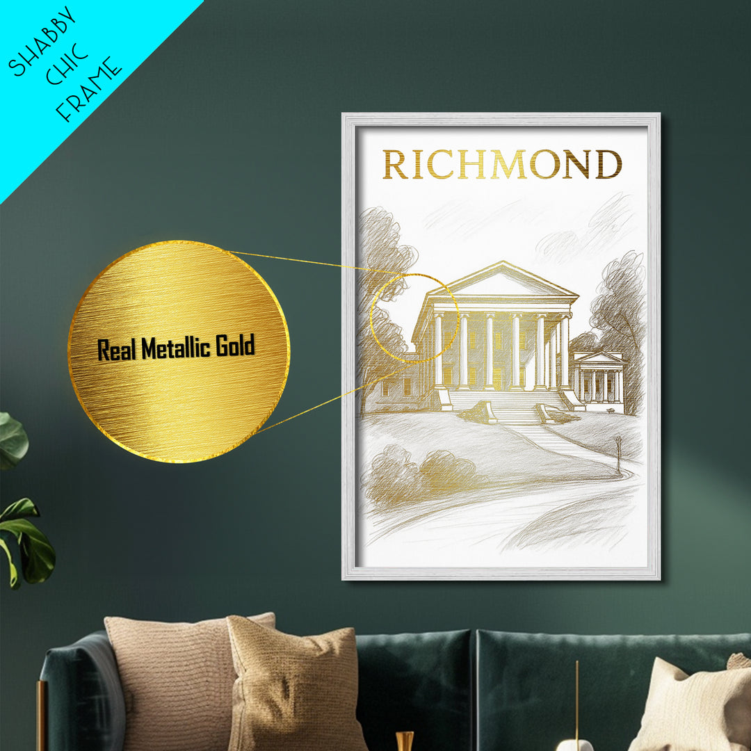 Richmond Virginia art, Metallic Gold Art, Office Decor, Metal Art, Wood Framed Art, Graduation Travel Gift, Destination Gift