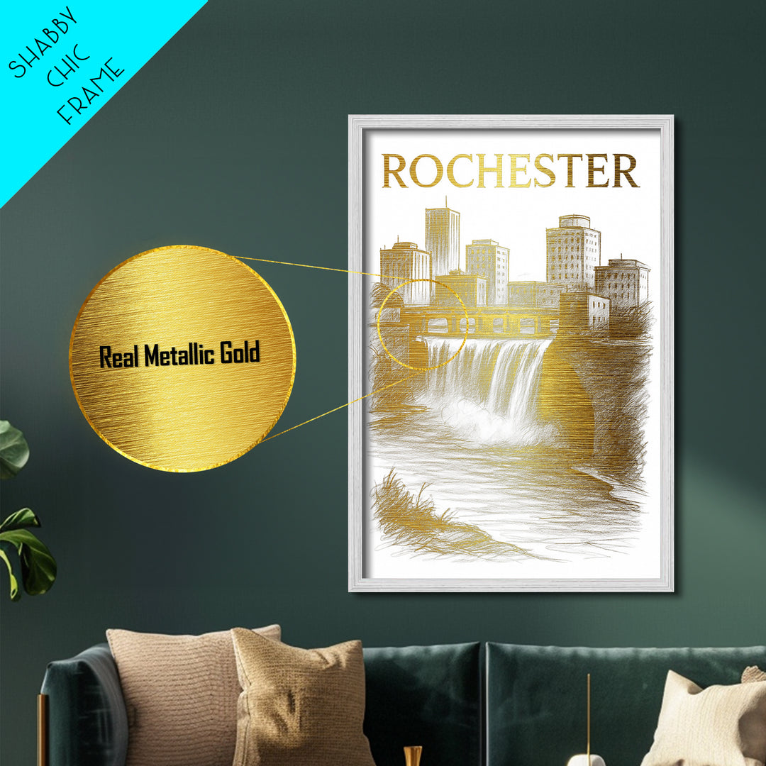 Rochester New York travel, Metallic Gold Print, Modern Skyline Wall Print, Metal Art, Wood Framed Art, Adventure Lover Gift, Travel Gift