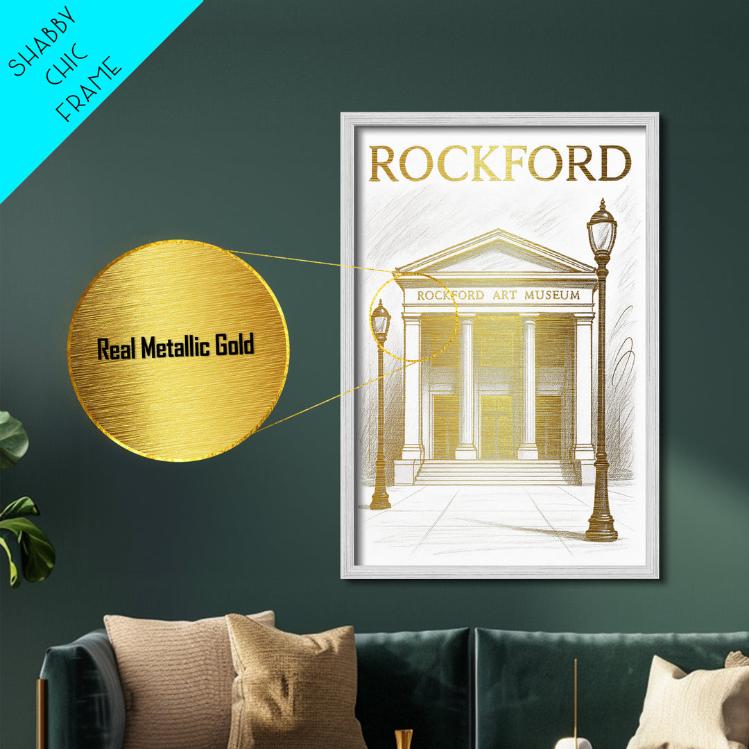 Rockford Illinois travel, Metallic Gold Print, Modern House Art, Metal Art, Wood Framed Art, Wanderlust Gift, Travel Art Prints