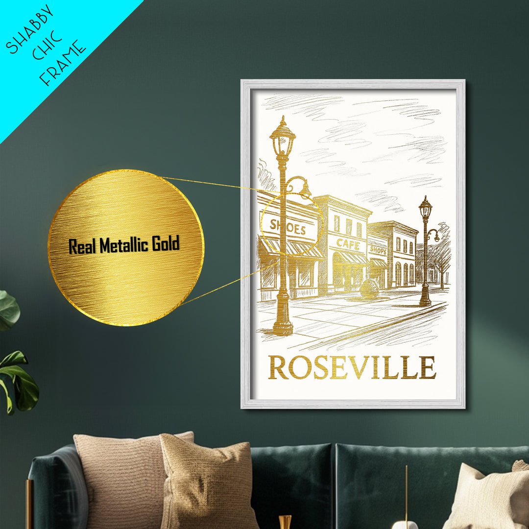 Roseville California art, Metallic Gold Art, Modern House Art, Metal Art, Wood Framed Art, Graduation Travel Gift, Travel Gift
