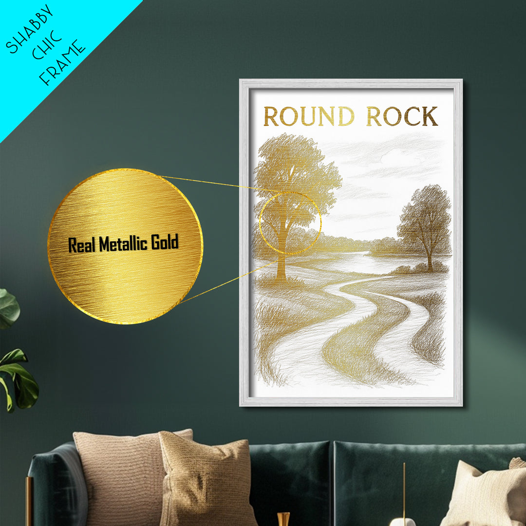 Round Rock Texas travel, Metallic Gold Print, College Dorm Décor, Metal Art, Wood Framed Art, Graduation Travel Gift, Traveler Gift