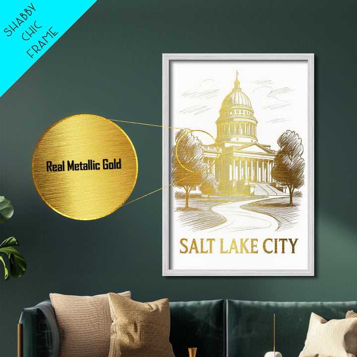 Salt Lake City Utah travel, Metallic Gold Print, College Dorm Décor, Metal Art, Wood Framed Art, Graduation Travel Gift, Traveler Gift