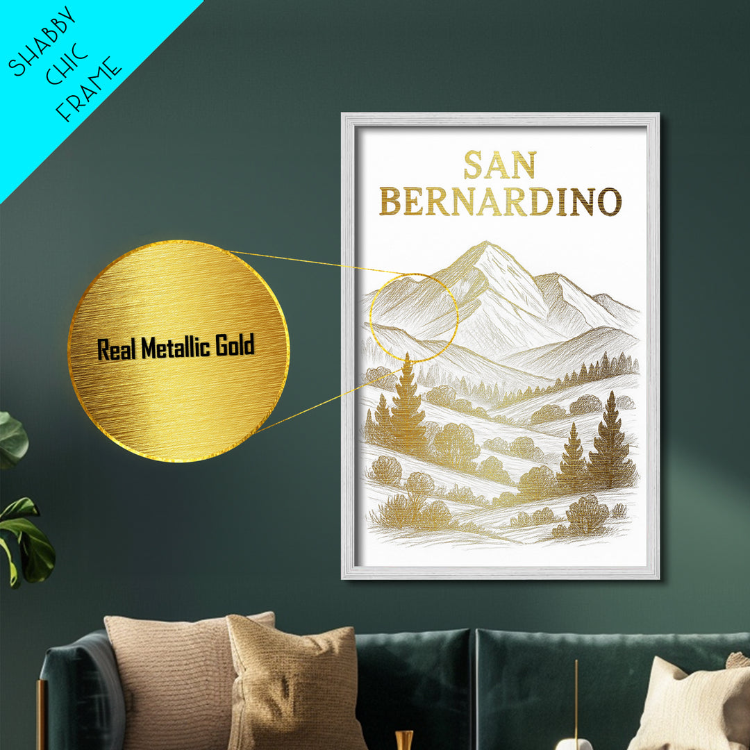 San Bernardino California travel, Metallic Gold Print, Closing Gift, Metal Art, Wood Framed Art, Anniversary Travel Gift, Retirement Gift