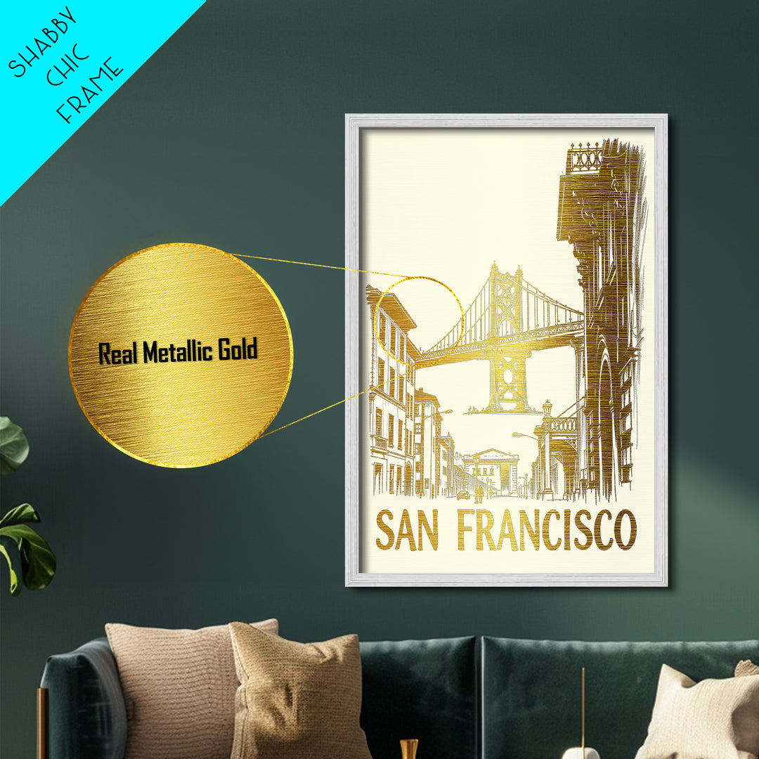 San Francisco California travel, Metallic Gold Print, College Dorm Décor, Metal Art, Wood Framed Art, Graduation Travel Gift, Traveler Gift