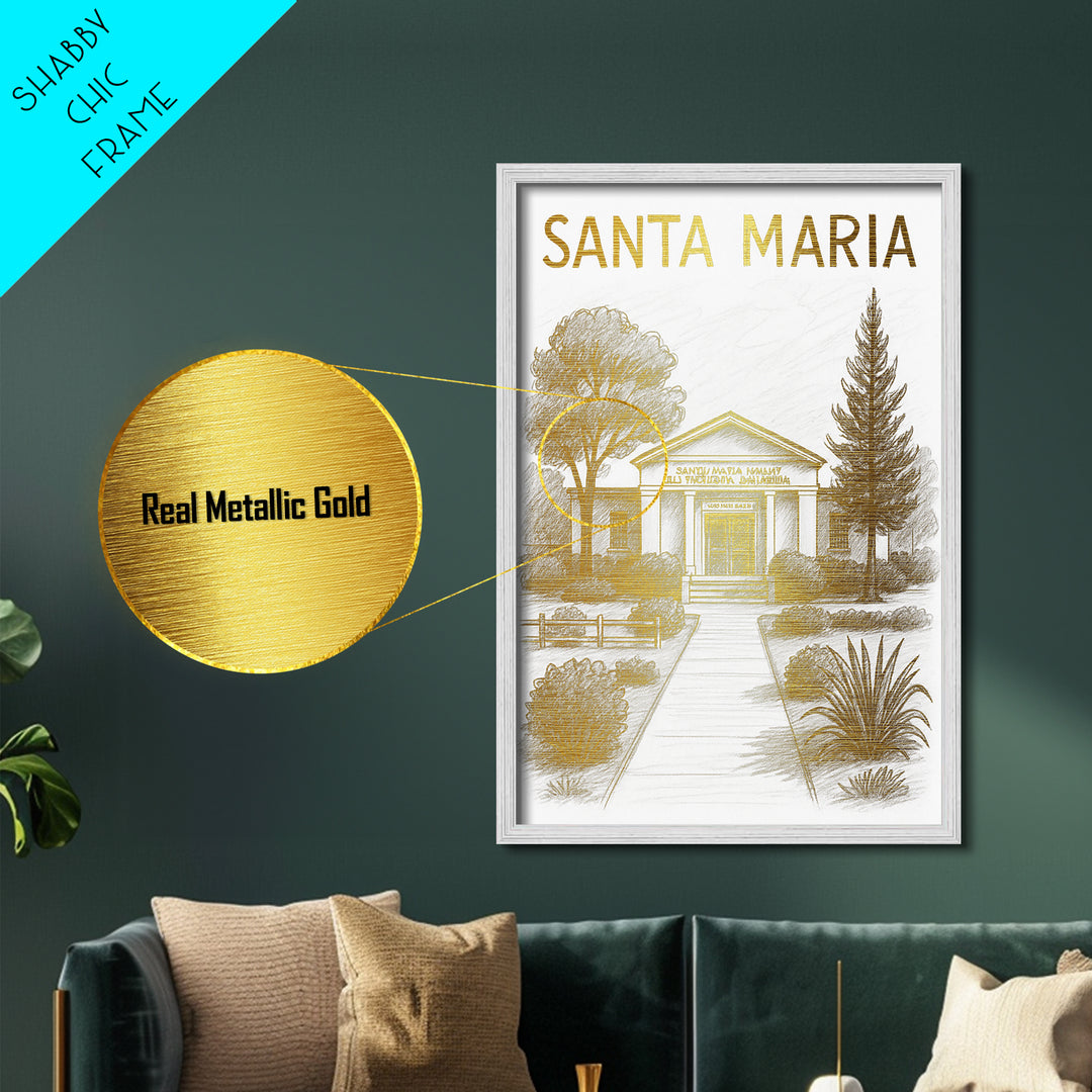 Santa Maria California travel, Metallic Gold Print, Closing Gift, Metal Art, Wood Framed Art, Anniversary Travel Gift, Retirement Gift