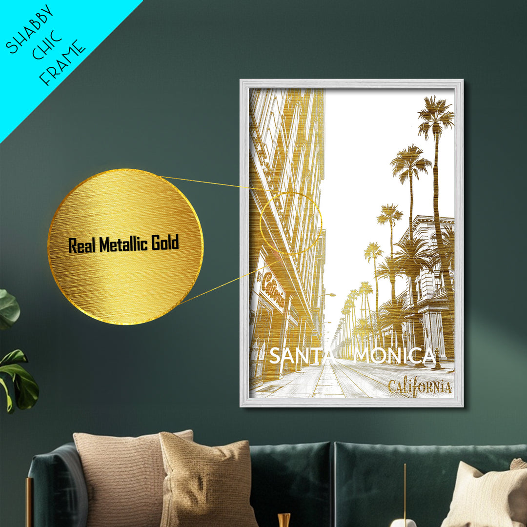Santa Monica California travel, Metallic Gold Print, Modern House Art, Metal Art, Wood Framed Art, Wanderlust Gift, Travel Art Prints