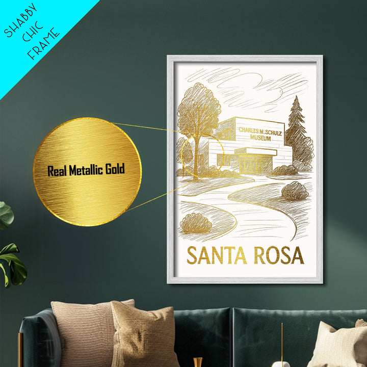 Santa Rosa California art, Metallic Gold Print, Modern House Art, Metal Art, Wood Framed Art, Traveler Gift, Destination Gift