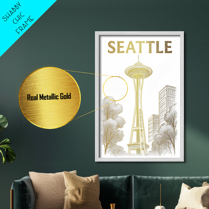 Seattle Washington travel, Metallic Gold Art, Office Decor, Metal Art, Wood Framed Art, Graduation Travel Gift, Destination Gift