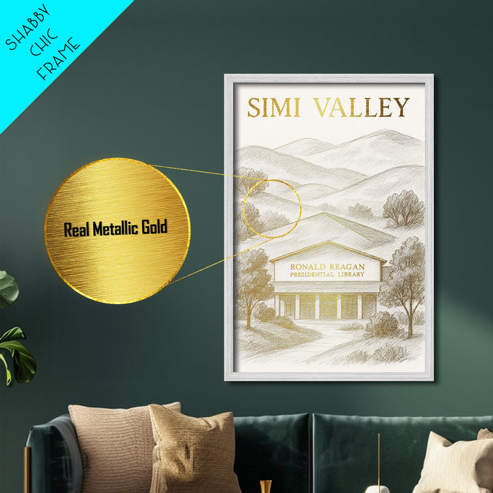 Simi Valley California travel, Metallic Gold Print, Modern House Art, Metal Art, Wood Framed Art, Traveler Gift, Destination Gift