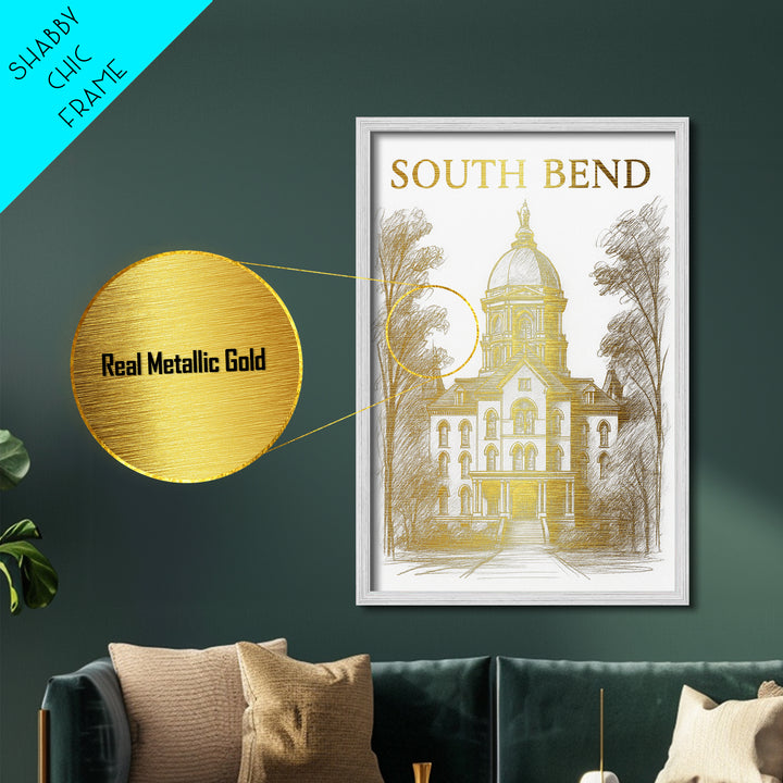 South Bend Indiana travel, Metallic Gold Print, Modern Skyline Wall Print, Metal Art, Wood Framed Art, Adventure Lover Gift, Travel Gift