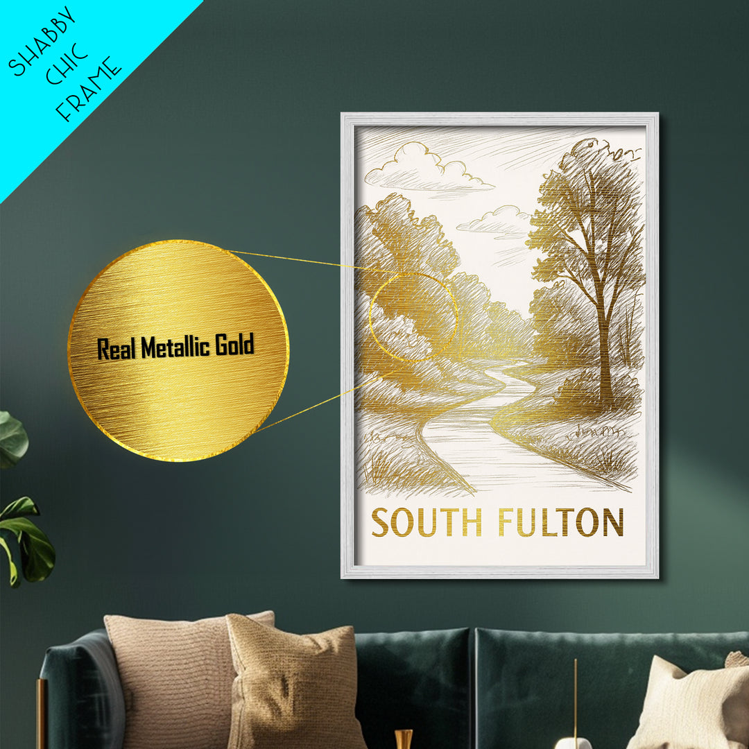 South Fulton Georgia art, Metallic Gold Art, Office Decor, Metal Art, Wood Framed Art, Graduation Travel Gift, Destination Gift