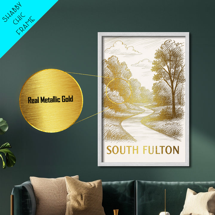 South Fulton Georgia art, Metallic Gold Art, Office Decor, Metal Art, Wood Framed Art, Graduation Travel Gift, Destination Gift
