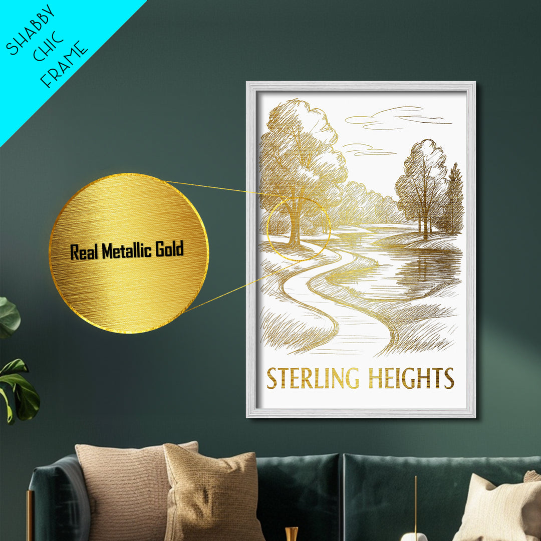 Sterling Heights Michigan art, Metallic Gold Art, Best Friend Gifts, Metal Art, Wood Framed Art, Birthday Travel Gift, Destination Gift
