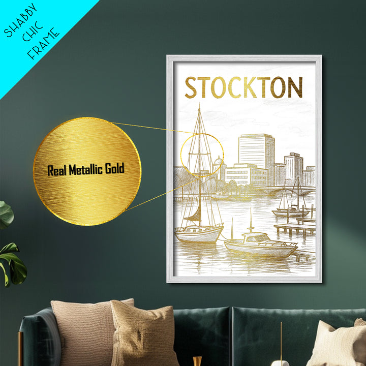 Stockton California travel, Metallic Gold Print, Modern House Art, Metal Art, Wood Framed Art, Wanderlust Gift, Travel Art Prints