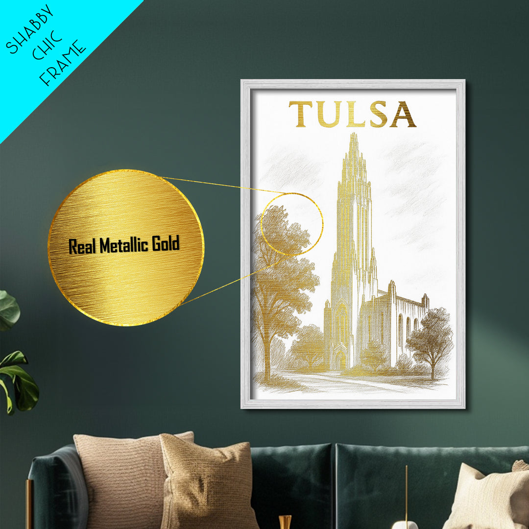 Tulsa Oklahoma travel, Metallic Gold Print, College Dorm Décor, Metal Art, Wood Framed Art, Graduation Travel Gift, Traveler Gift