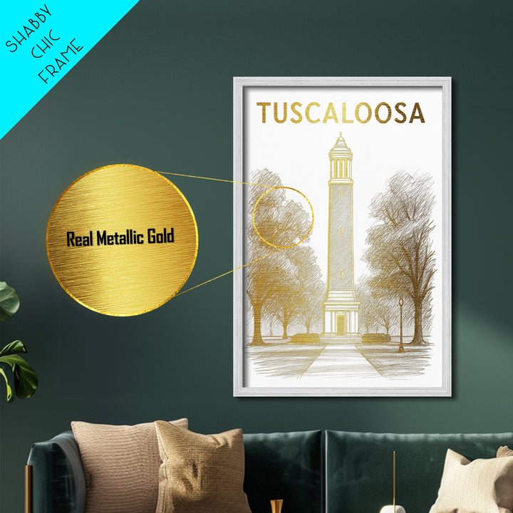Tuscaloosa Alabama travel, Metallic Gold Print, Modern Skyline Wall Print, Metal Art, Wood Framed Art, Adventure Lover Gift, Travel Gift