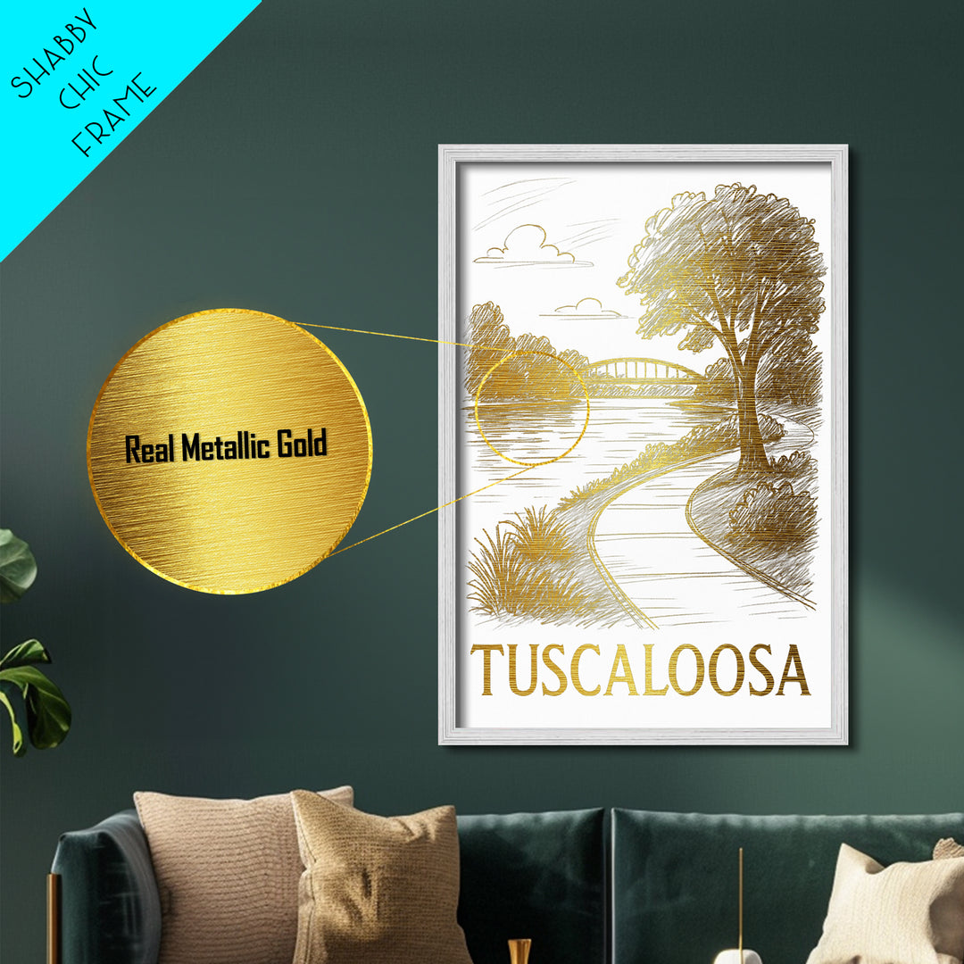 Tuscaloosa Alabama art, Metallic Gold Art, Housewarming Gift, Metal Art, Wood Framed Art, Newlywed Travel Gift, Honeymoon Gift
