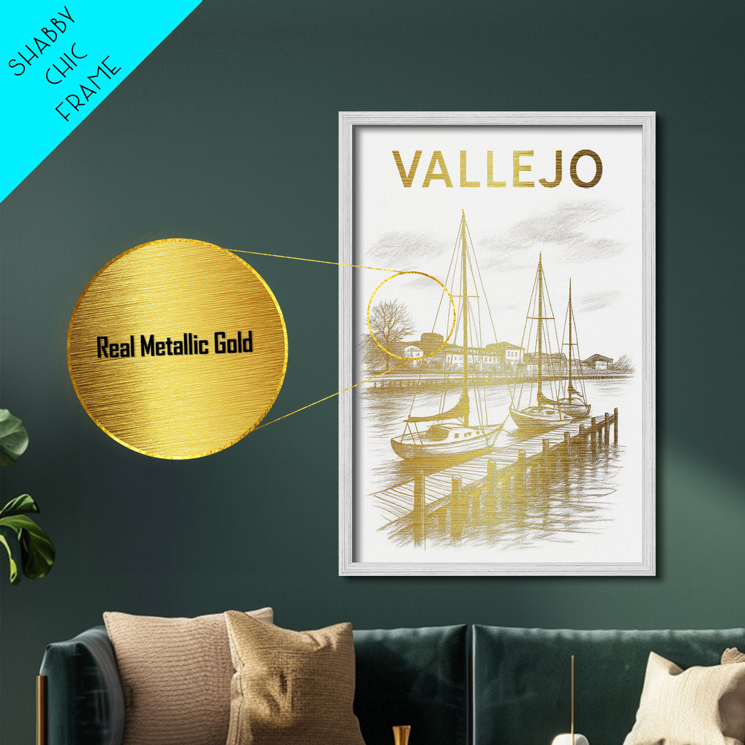 Vallejo California travel, Metallic Gold Print, Wood Framed Art, Metal Art, Minimalist Wall Art, Metallic Gold Print