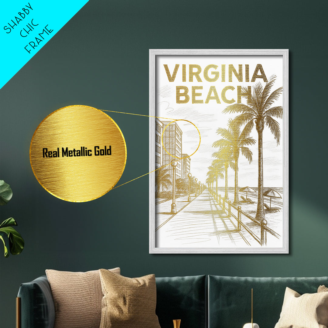 Virginia Beach Virginia travel, Metallic Gold Print, Wood Framed Art, Metal Art, Modern Wall Art, Metallic Gold Print