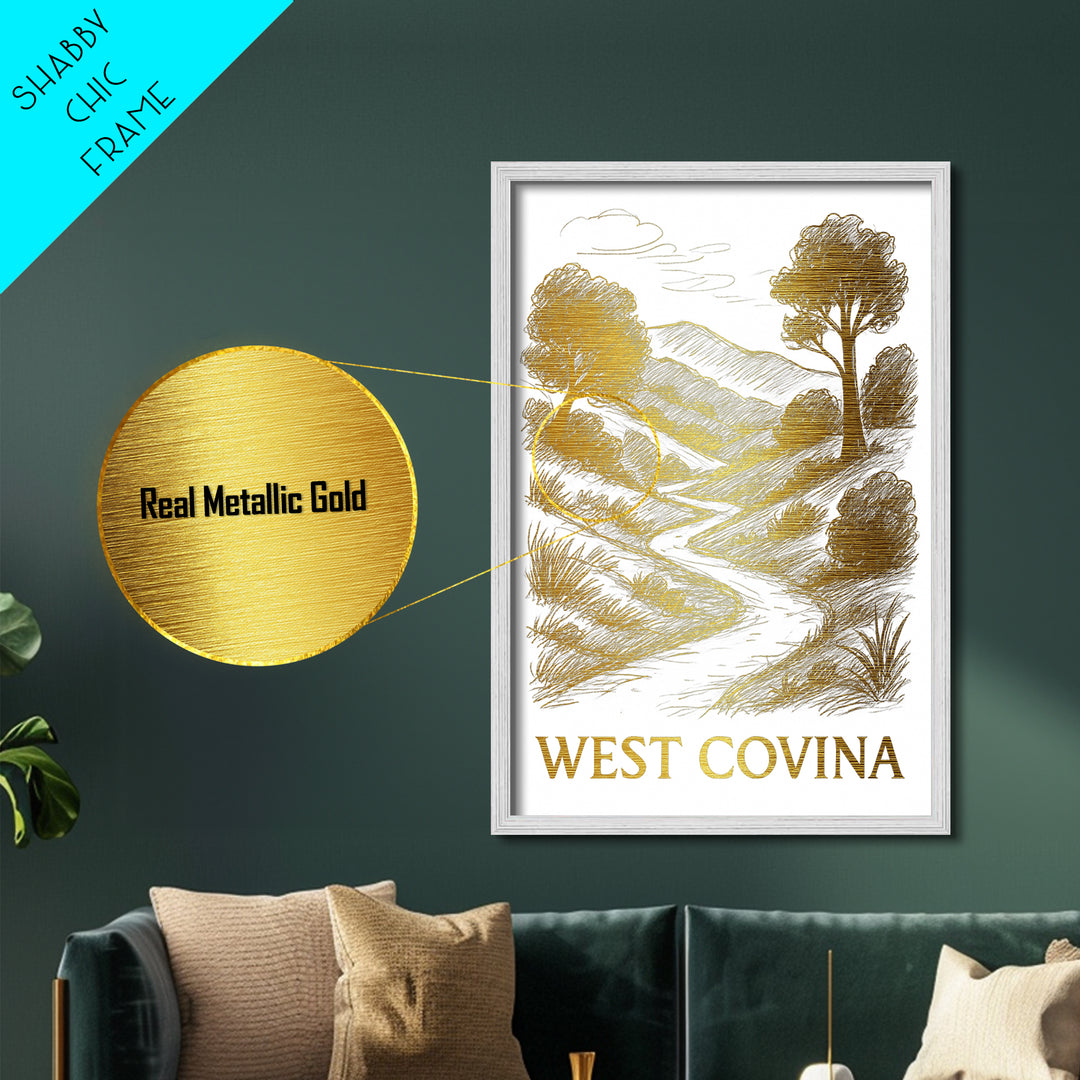 West Covina California art, Metallic Gold Art, Wood Framed Art, Metal Art, College Dorm Décor, Metallic Gold Art