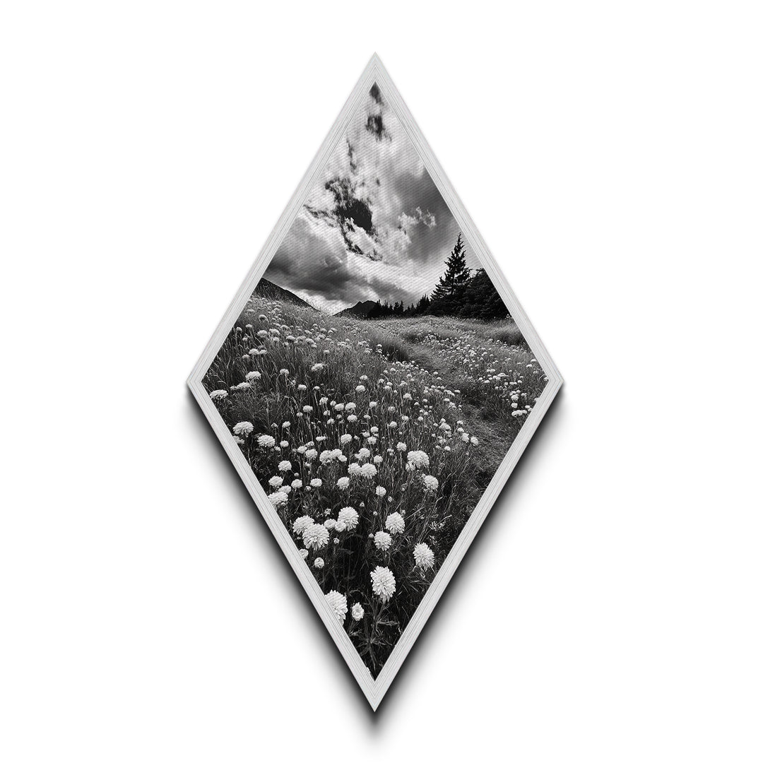Black White Meadow Diamond Shaped Canvas Art Print, Monochrome Nature Photography, Wildflower Landscape Rustic Wall Decor
