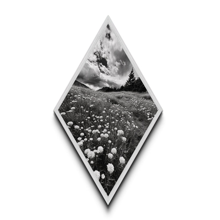 Black White Meadow Diamond Shaped Canvas Art Print, Monochrome Nature Photography, Wildflower Landscape Rustic Wall Decor