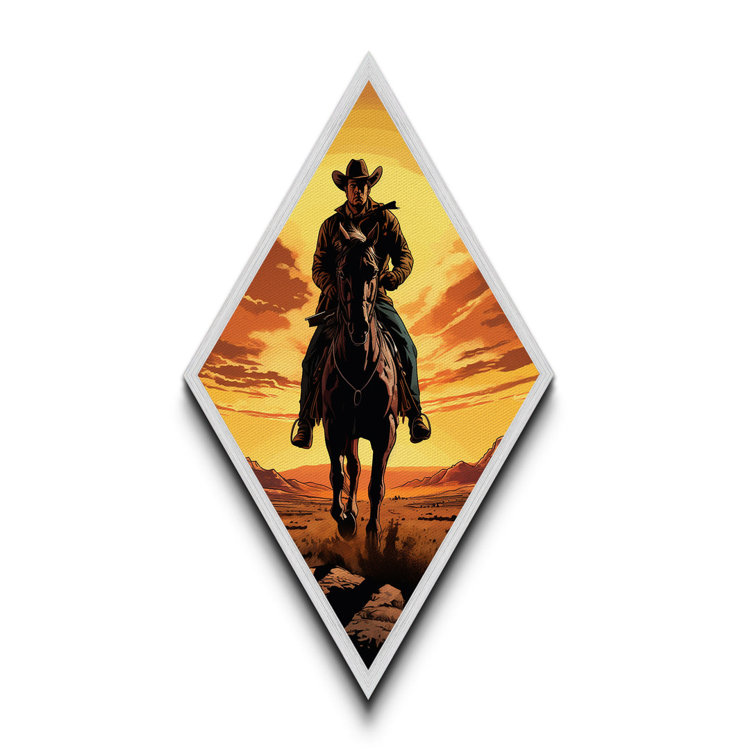 Bold Lone Cowboy Sunset Diamond Shaped Canvas Textured Print — Dramatic Western Rider Wall Art Country Rustic Ranch Home Decor