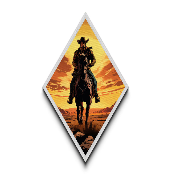 Bold Lone Cowboy Sunset Diamond Shaped Canvas Textured Print — Dramatic Western Rider Wall Art Country Rustic Ranch Home Decor