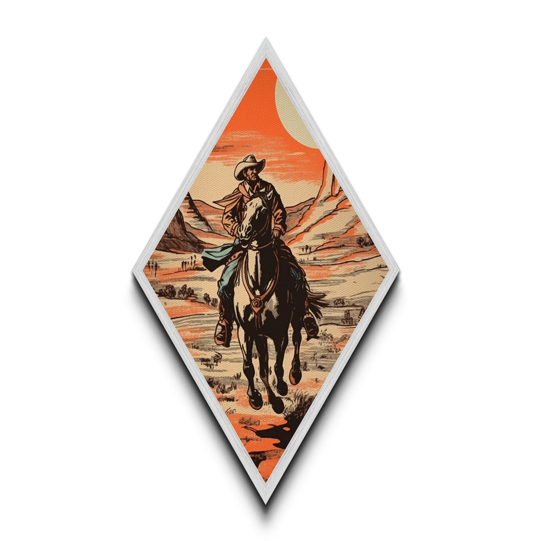 Scenic Cowboy Vista Trail Diamond Shaped Canvas Art Print — Desert Horse Rider Western Artwork Rustic Southwestern Wall Accent