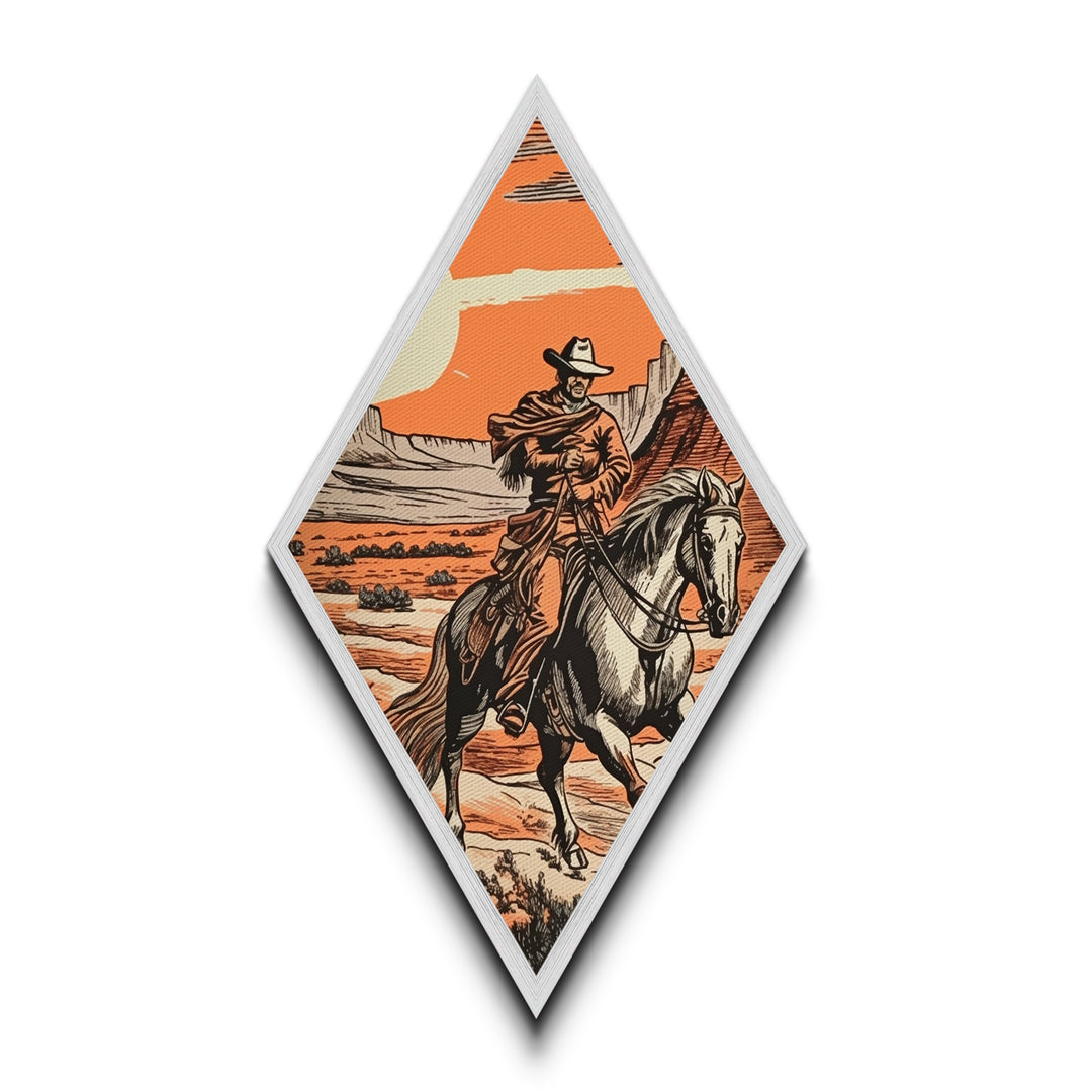Cowboy Under Canyon Sun Diamond Shaped Canvas Embossed Print — Retro Western Wall Art Horseback Desert Scene Country Cabin Decor