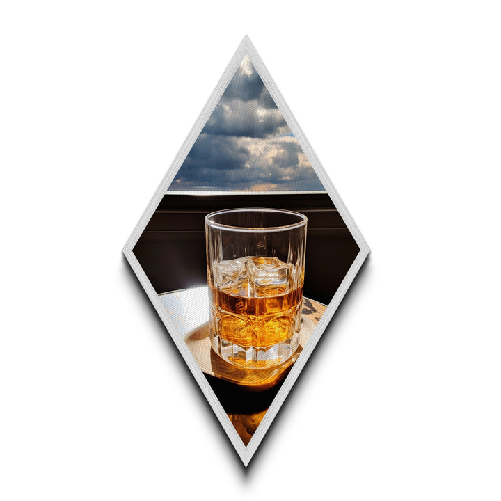 Golden Hour Whiskey – Diamond Shaped Canvas Art Print Dramatic Window Bar Decor, Modern Whiskey Glass Wall Art, Sophisticated Drink Vibe