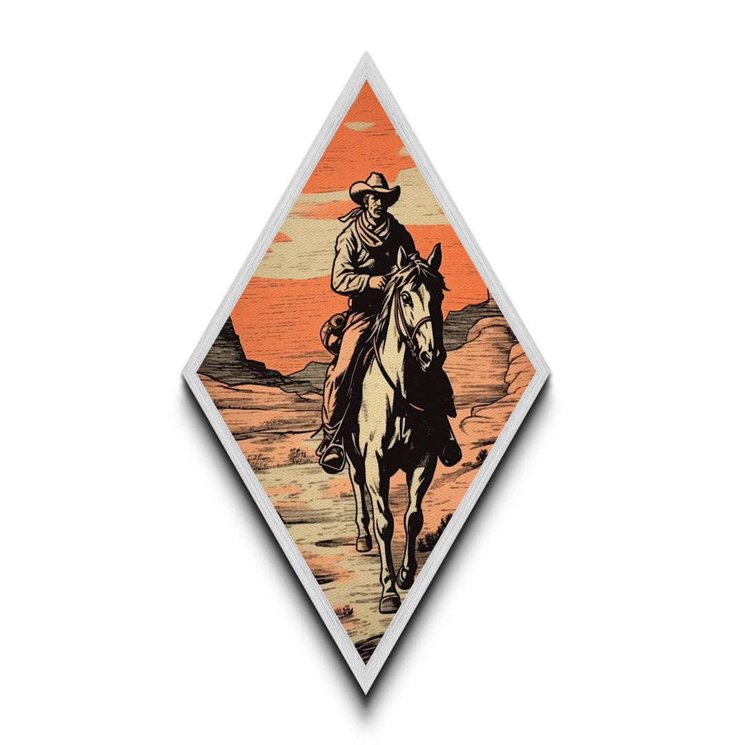 Western Trail Journey Diamond Shaped Cowboy Wall Art Canvas Textured Print Rustic Horse Rider Illustration Desert Sunset Decor