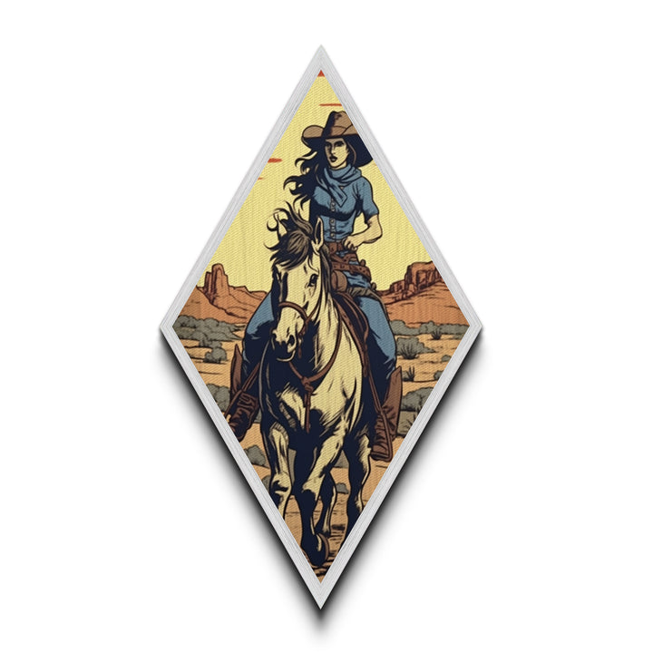 Cowgirl Desert Rider Diamond Shaped Western Wall Decor Canvas Embossed Print Retro Horseback Woman Artwork Rustic Country Living