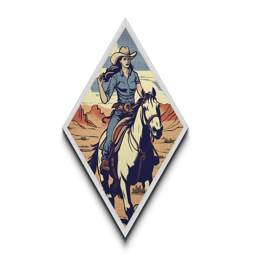 Cowgirl Canyon Ride Diamond Shaped Horseback Art Print Canvas Textured Print Retro Western Style Ranch Decor with Female Rider