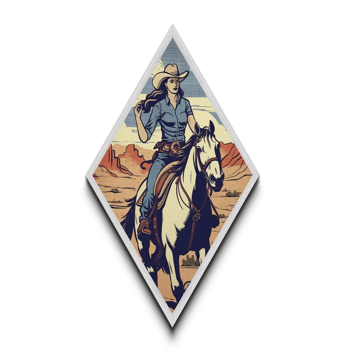 Cowgirl Canyon Ride Diamond Shaped Horseback Art Print Canvas Textured Print Retro Western Style Ranch Decor with Female Rider