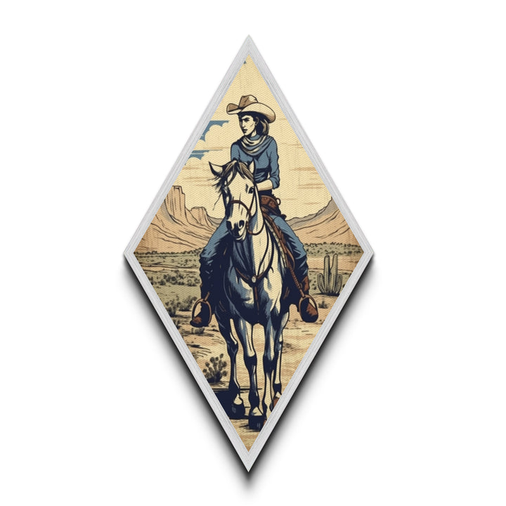 Cactus Cowgirl Ride Diamond Shaped Vintage Western Scene Canvas Textured Print Southwestern Wall Art Country Equestrian Gift