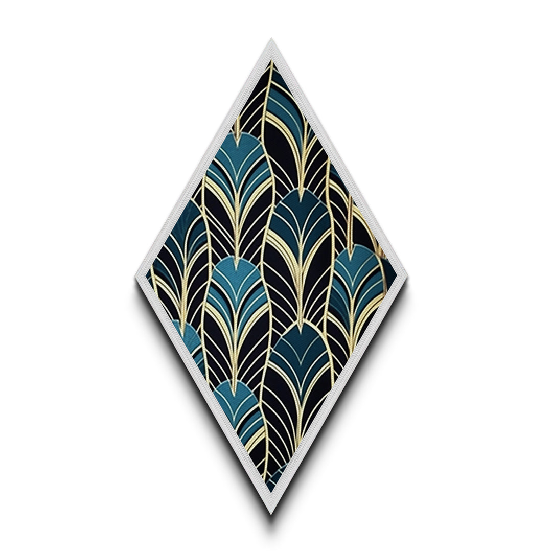 Teal Deco Leaves – Diamond Shaped Canvas Embossed Print Art Deco Wall Decor, Gold Foil Style, Geometric Pattern, Modern Glam Botanical Print