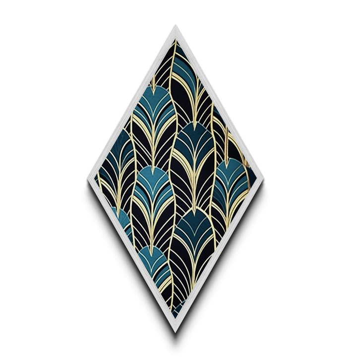 Teal Deco Leaves – Diamond Shaped Canvas Embossed Print Art Deco Wall Decor, Gold Foil Style, Geometric Pattern, Modern Glam Botanical Print