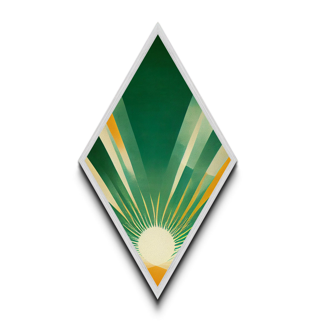 Greenburst Radiance – Diamond Shaped Retro Sunbeam Abstract Canvas Embossed Print, Mid Century Modern Art, Minimal Geometric Wall Decor
