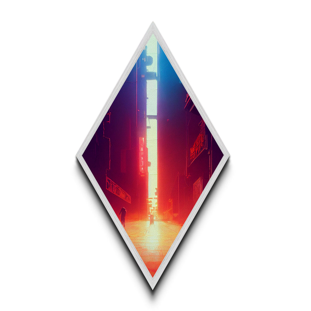 Neon Alley Escape Diamond Shaped Cyberpunk Cityscape Glow Canvas Art Print Gamer Room Sci-Fi Urban Futuristic Hallway Accent