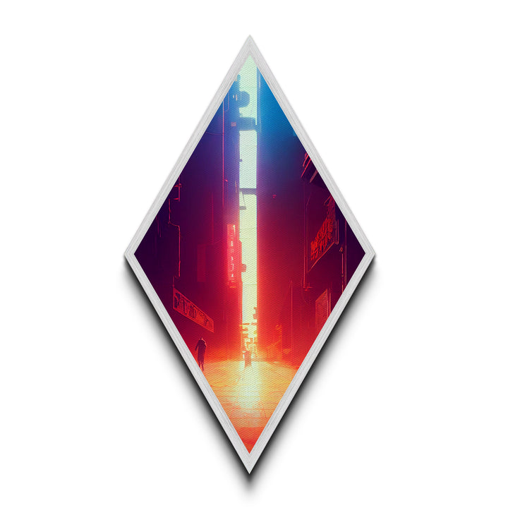 Neon Alley Escape Diamond Shaped Cyberpunk Cityscape Glow Canvas Art Print Gamer Room Sci-Fi Urban Futuristic Hallway Accent