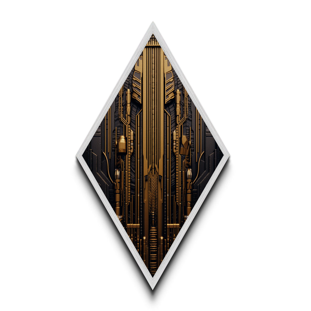 Cyber Gold Machine – Diamond Shaped Canvas Embossed Print Futuristic Wall Art, Sci-Fi Circuit Board Decor, Tech Industrial Steampunk Vibe