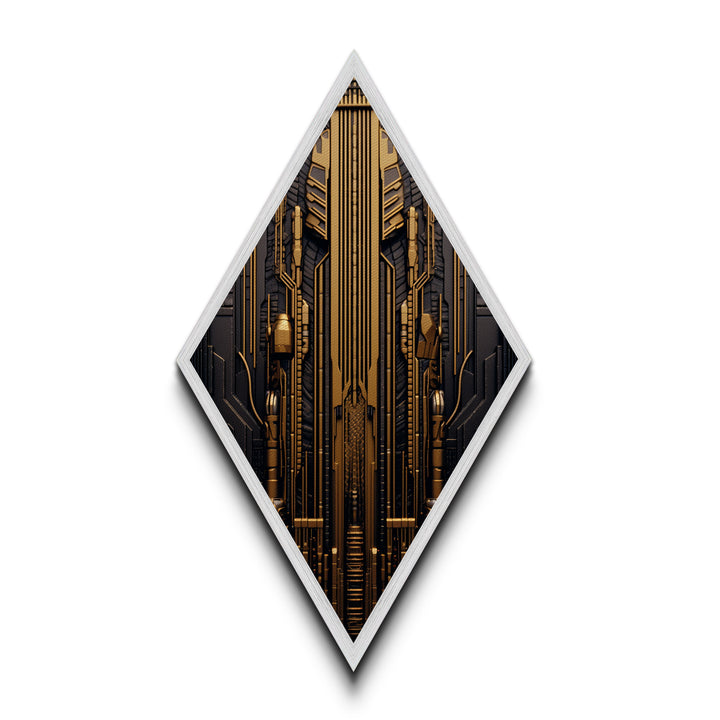 Cyber Gold Machine – Diamond Shaped Canvas Embossed Print Futuristic Wall Art, Sci-Fi Circuit Board Decor, Tech Industrial Steampunk Vibe